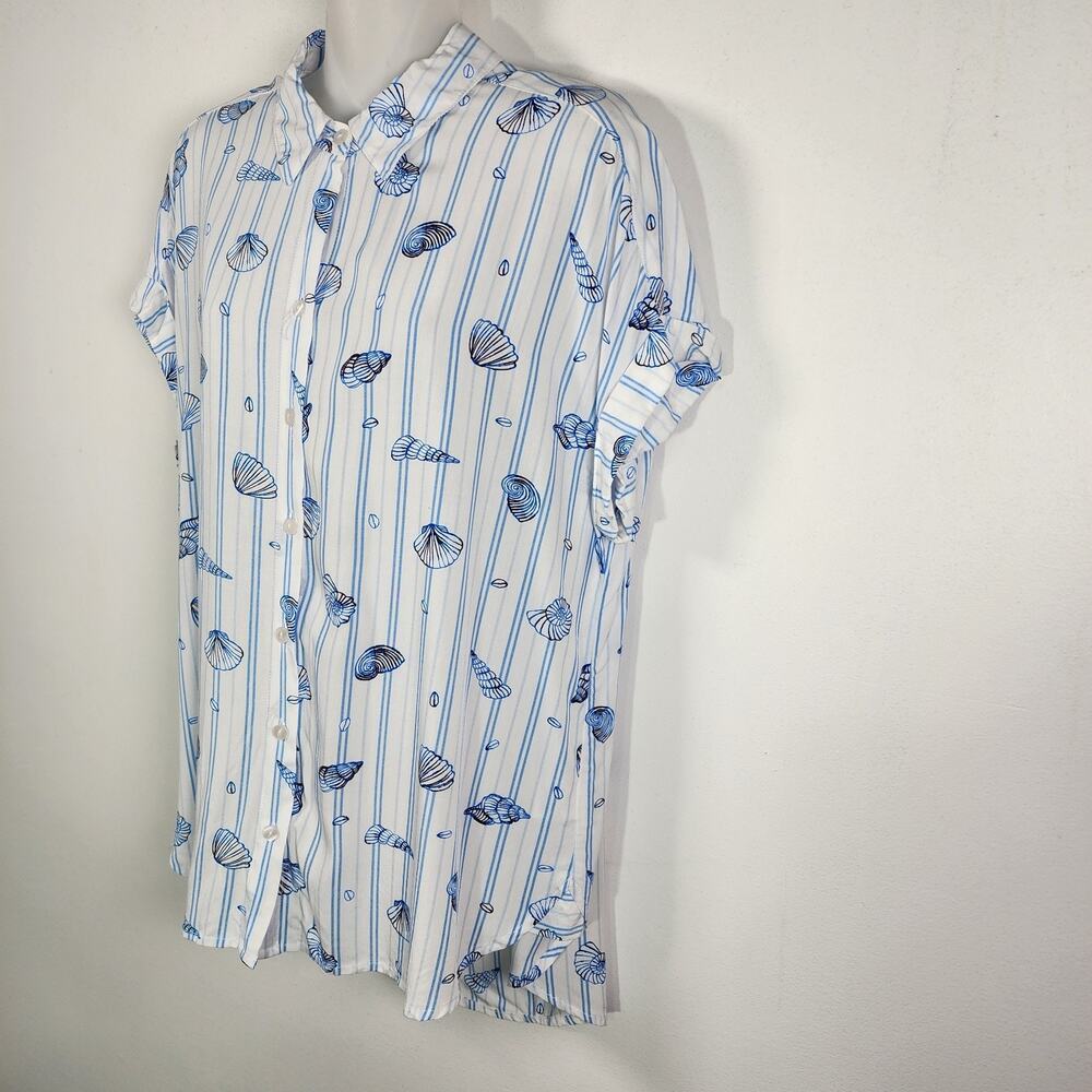 Jane And Delancey Shirt Blue Button Short Cuffed Sleeve Seashell Stripes Large - Picture 6 of 9